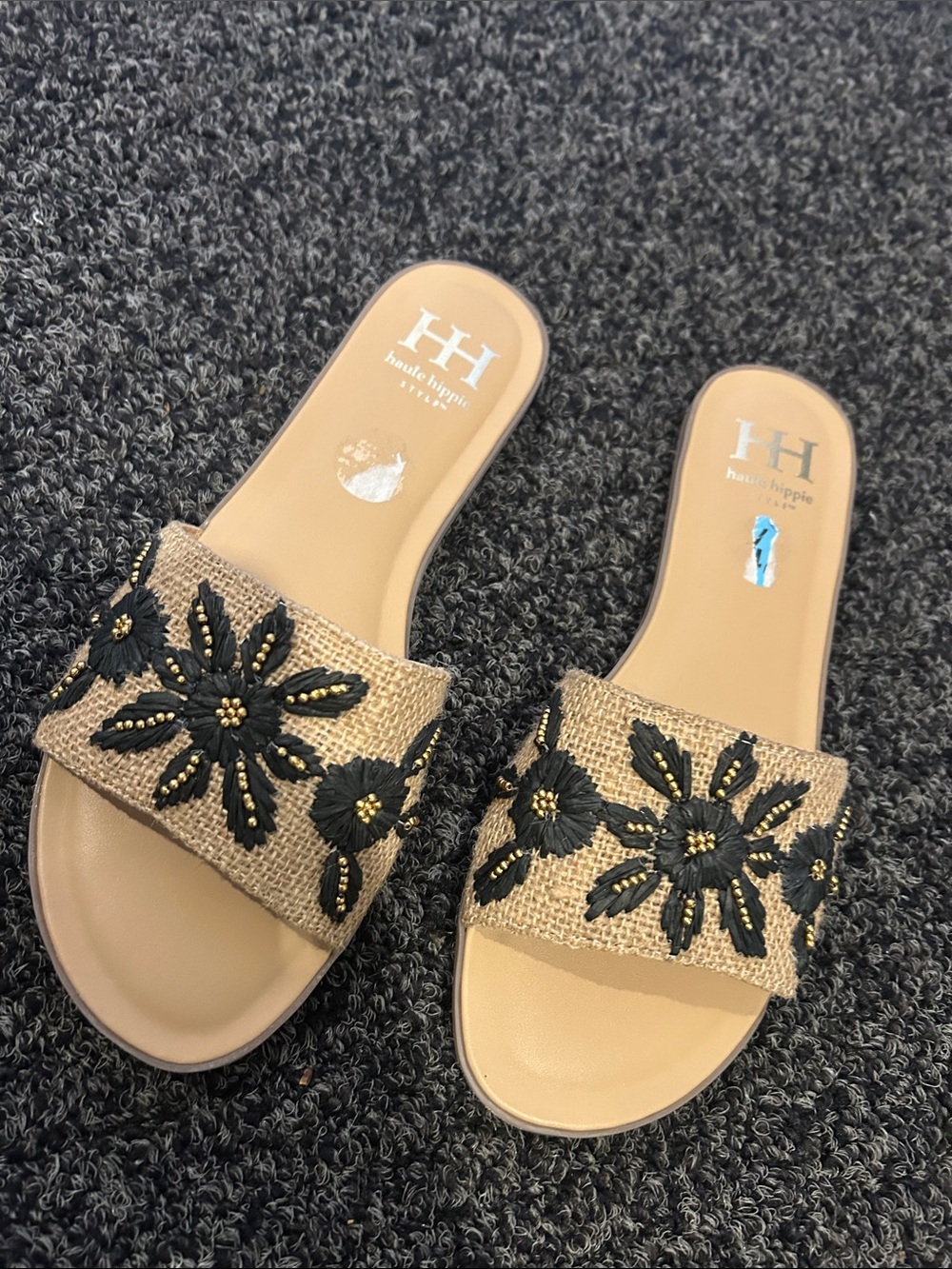 Haute Hippie Tan Slides with Black Floral Appliqué and Gold Bead Detail
